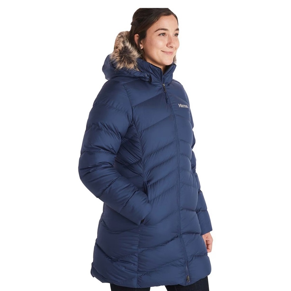 Marmot Women's Navy Blue Quilted Puffer Coat with Faux Fur Trim Hood